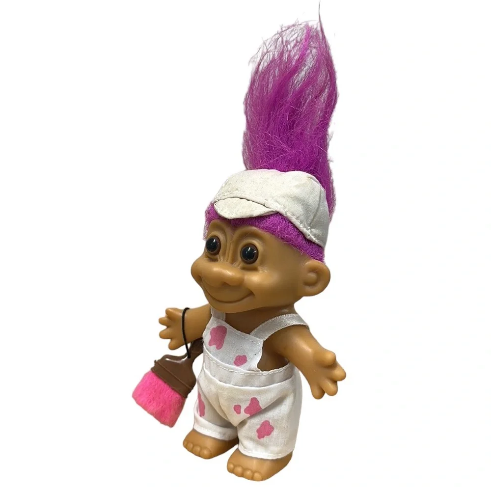 Vintage 90s Russ Berrie Painter Troll Doll Overalls Paint Splatter Pink Hair Hat